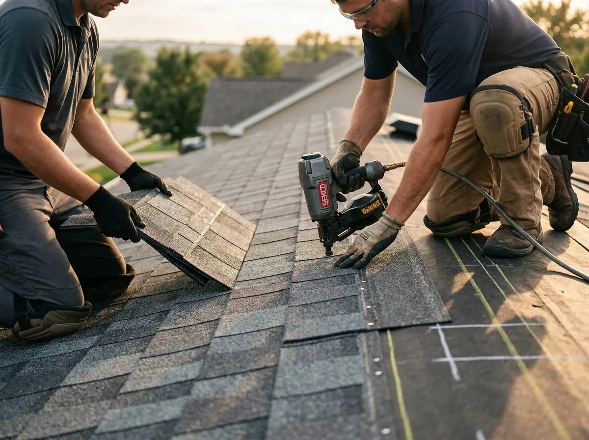Professional roofer working on a residential roof in Duluth